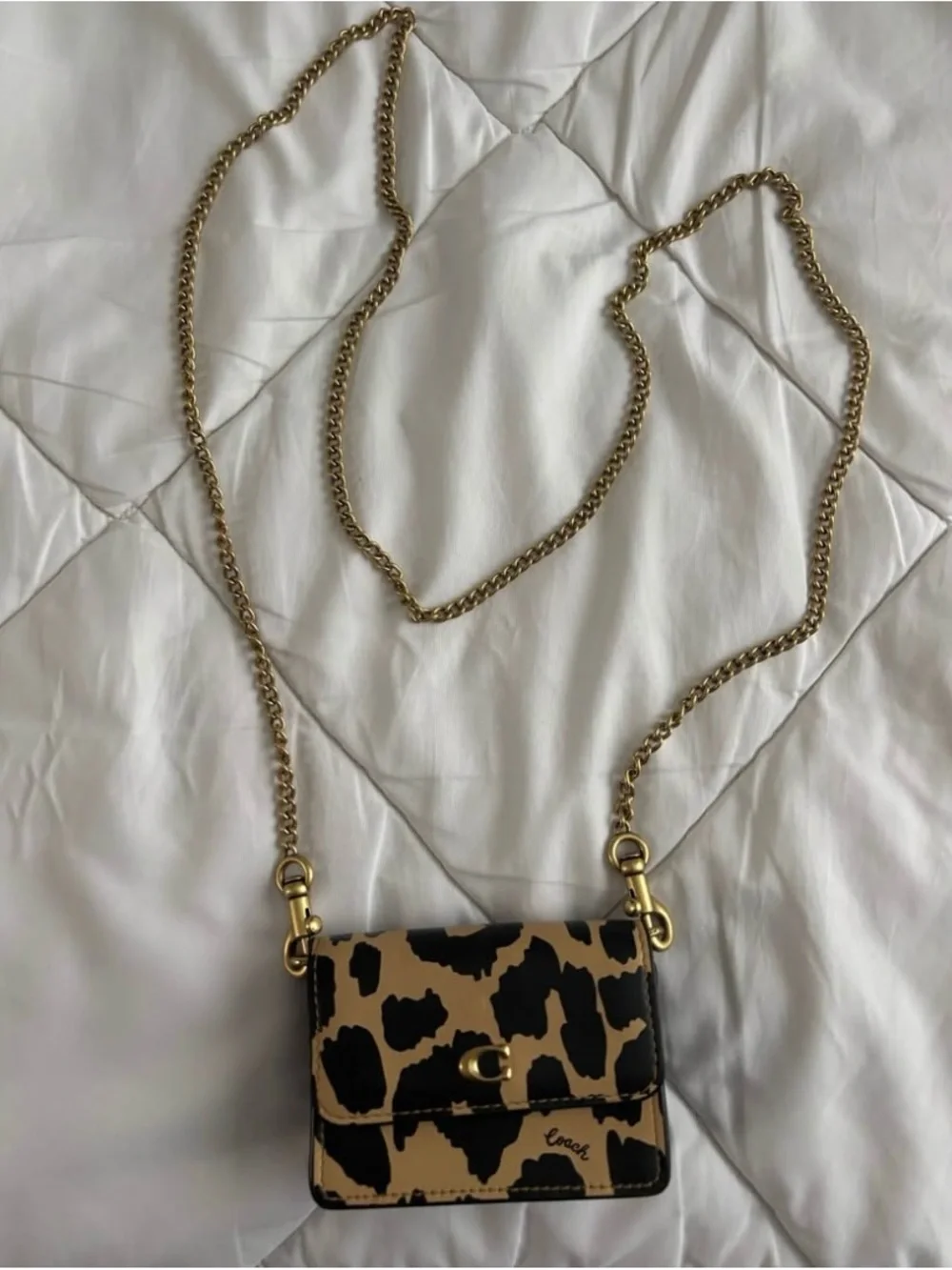 Authentic Coach Leopard Print Mini Crossbody with Gold Chain